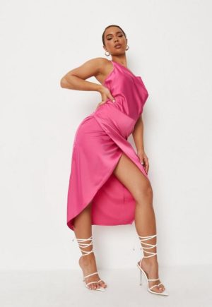 Pink Satin Drape Asymmetric Strap Midi Dress