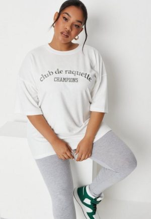 Plus Size Cream Raquette Embroidered Towelling Oversized T Shirt