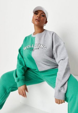 Plus Size Green Wellbeing Colourblock Sweatshirt