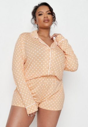 Plus Size Peach Polka Dot Shirt And Shorts Pyjama Set