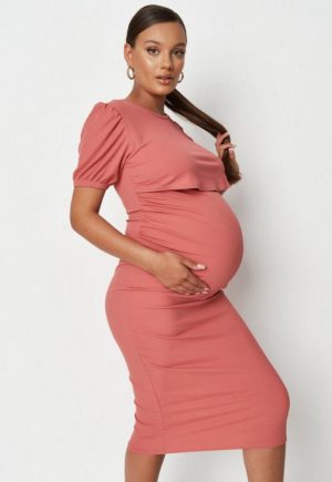 Rose Rib Puff Sleeve Maternity Nursing Dress