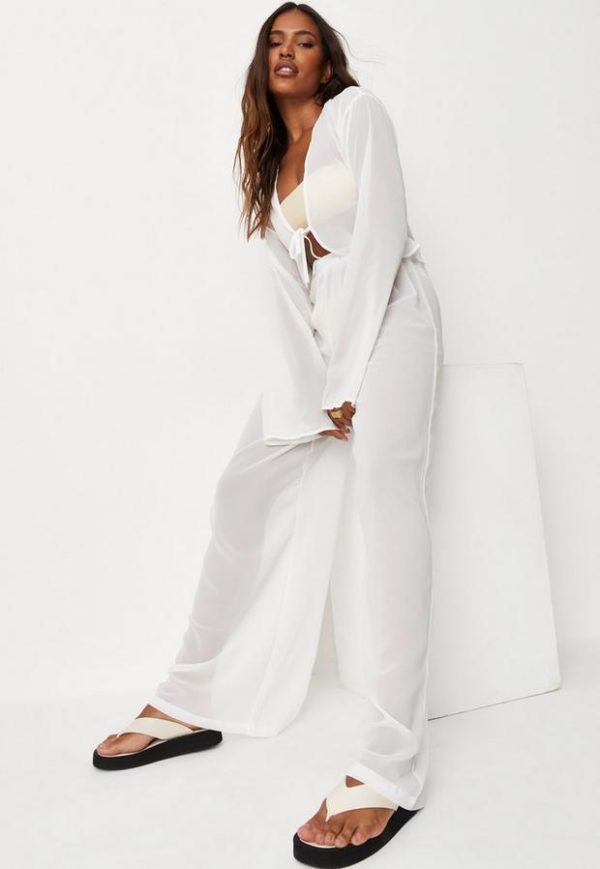 Sarah Ashcroft X Missguided Tall White Sheer Tie Front Top And Trousers Beach Cover Up Set