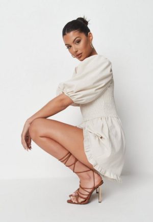 Stone Linen Look Shirred Puff Sleeve Playsuit
