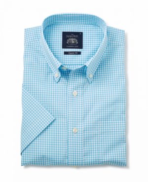 Turquoise Gingham Check Classic Fit Short Sleeve Shirt S SpendersFriend
