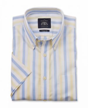 White Blue Yellow Stripe Herringbone Classic Fit Short Sleeve Shirt S SpendersFriend