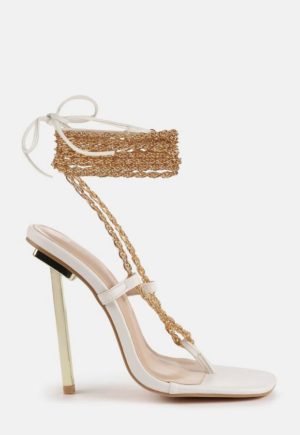 White Chain Tie Up Toe Post Heeled Sandals