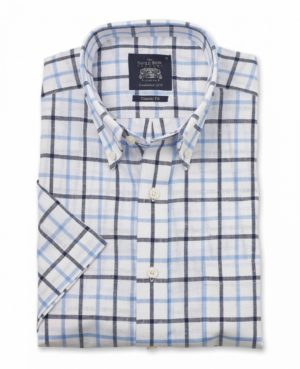 White Navy Blue Check Linen-Blend Classic Fit Short Sleeve Shirt S SpendersFriend