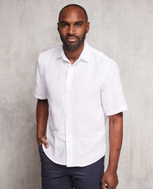 White Short Sleeve Pure Linen Slim Fit Shirt In Shorter Length L SpendersFriend