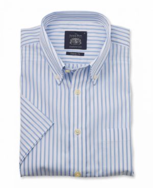 White Sky Blue Stripe Classic Fit Short Sleeve Button-Down Casual Shirt S SpendersFriend