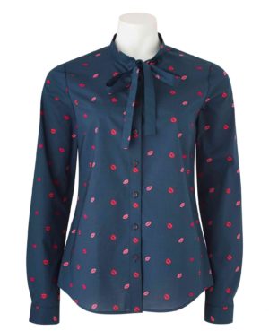 Women's Navy Red Lip Print Semi-Fitted Shirt With Bow Detail 12 SpendersFriend