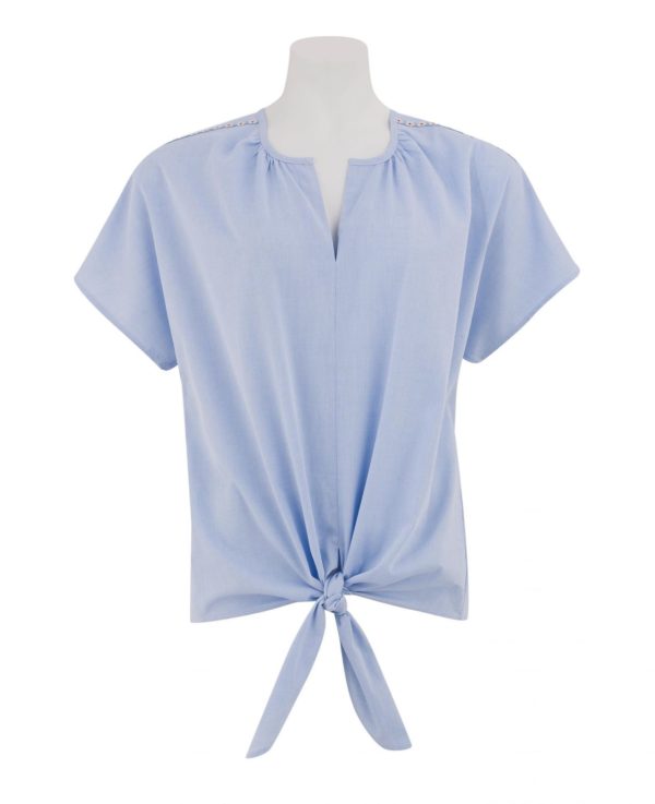 Women's White Blue Fine Stripe Tie Front Short Sleeve Shirt 12 SpendersFriend