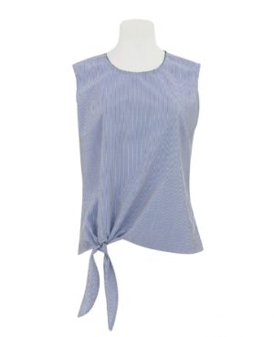 Women's White Blue Stripe Semi-Fitted Tie Front Sleeveless Shirt 12 SpendersFriend
